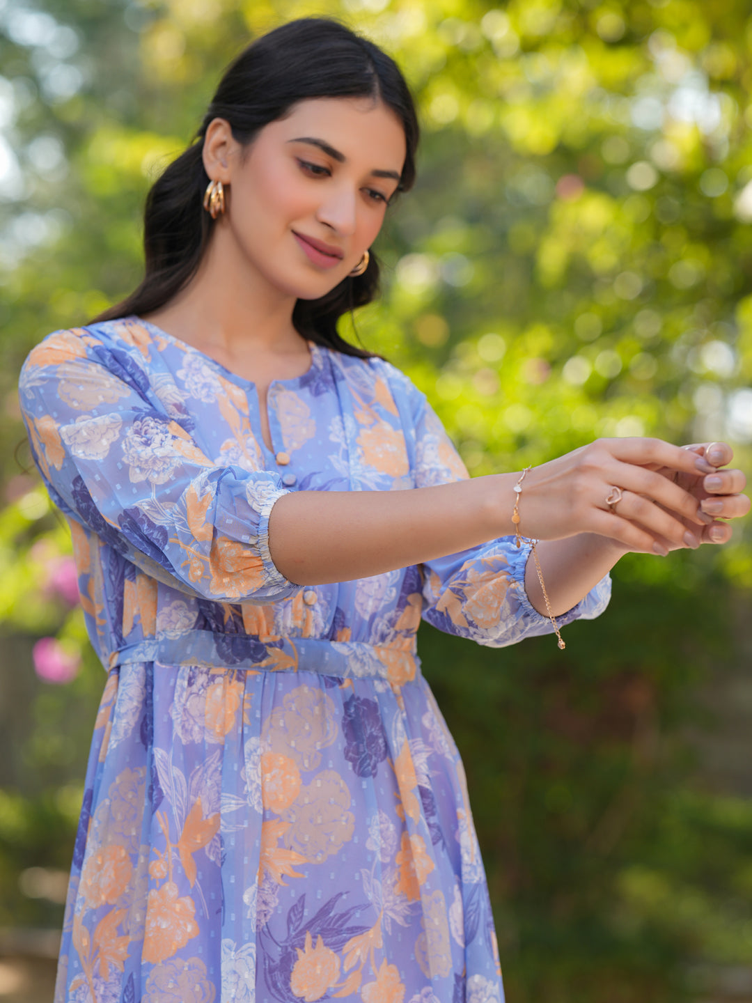 Janasya Dark Georgette Floral A-Line Dress | Swadesiicart