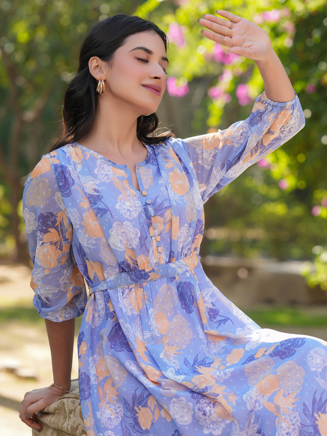 Janasya Dark Georgette Floral A-Line Dress | Swadesiicart