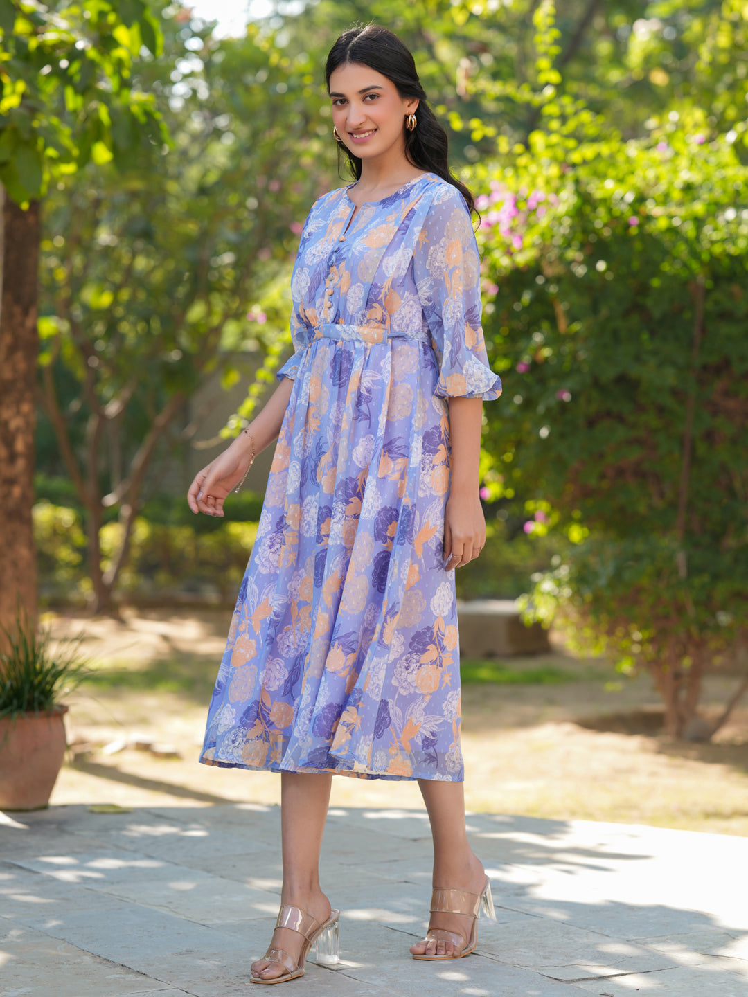 Janasya Dark Georgette Floral A-Line Dress | Swadesiicart