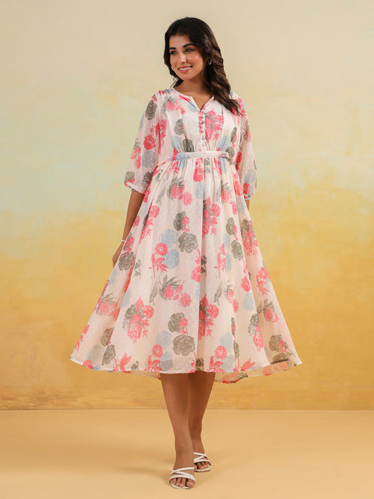 Janasya Light Georgette Floral Flared Dress | Swadesiicart