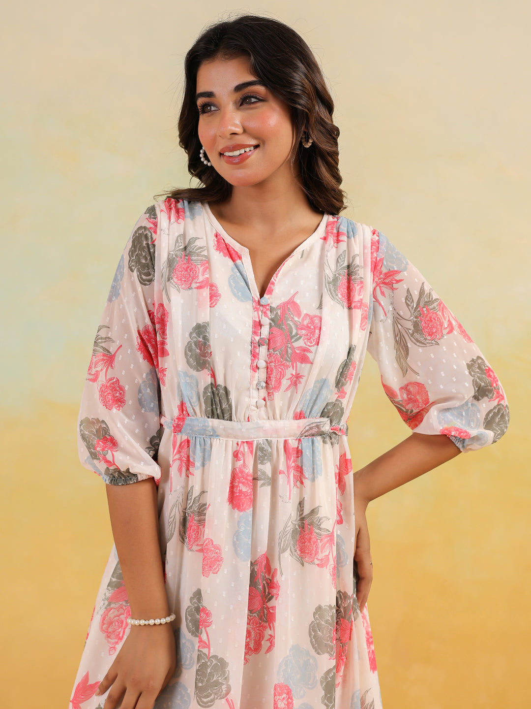 Janasya Light Georgette Floral Flared Dress | Swadesiicart