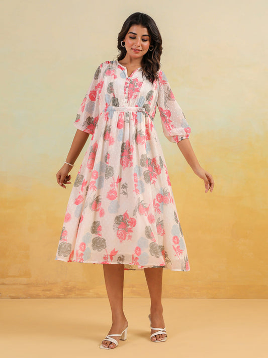 Janasya Light Georgette Floral Flared Dress | Swadesiicart