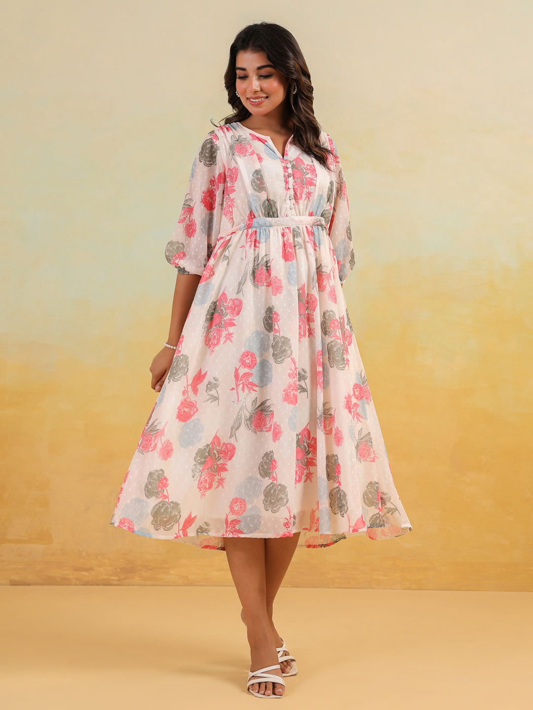 Janasya Light Georgette Floral Flared Dress | Swadesiicart