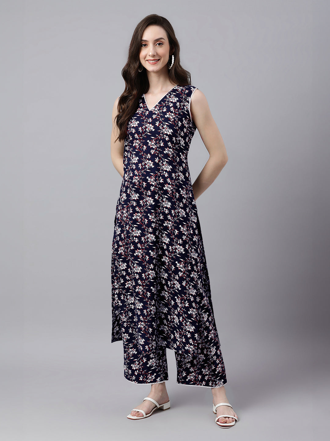 Janasya Dark Cotton Floral A-Line Kurta Set | Swadesiicart