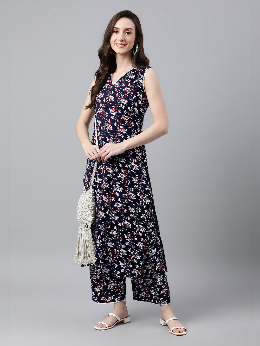 Janasya Dark Cotton Floral A-Line Kurta Set | Swadesiicart