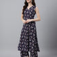 Janasya Dark Cotton Floral A-Line Kurta Set | Swadesiicart
