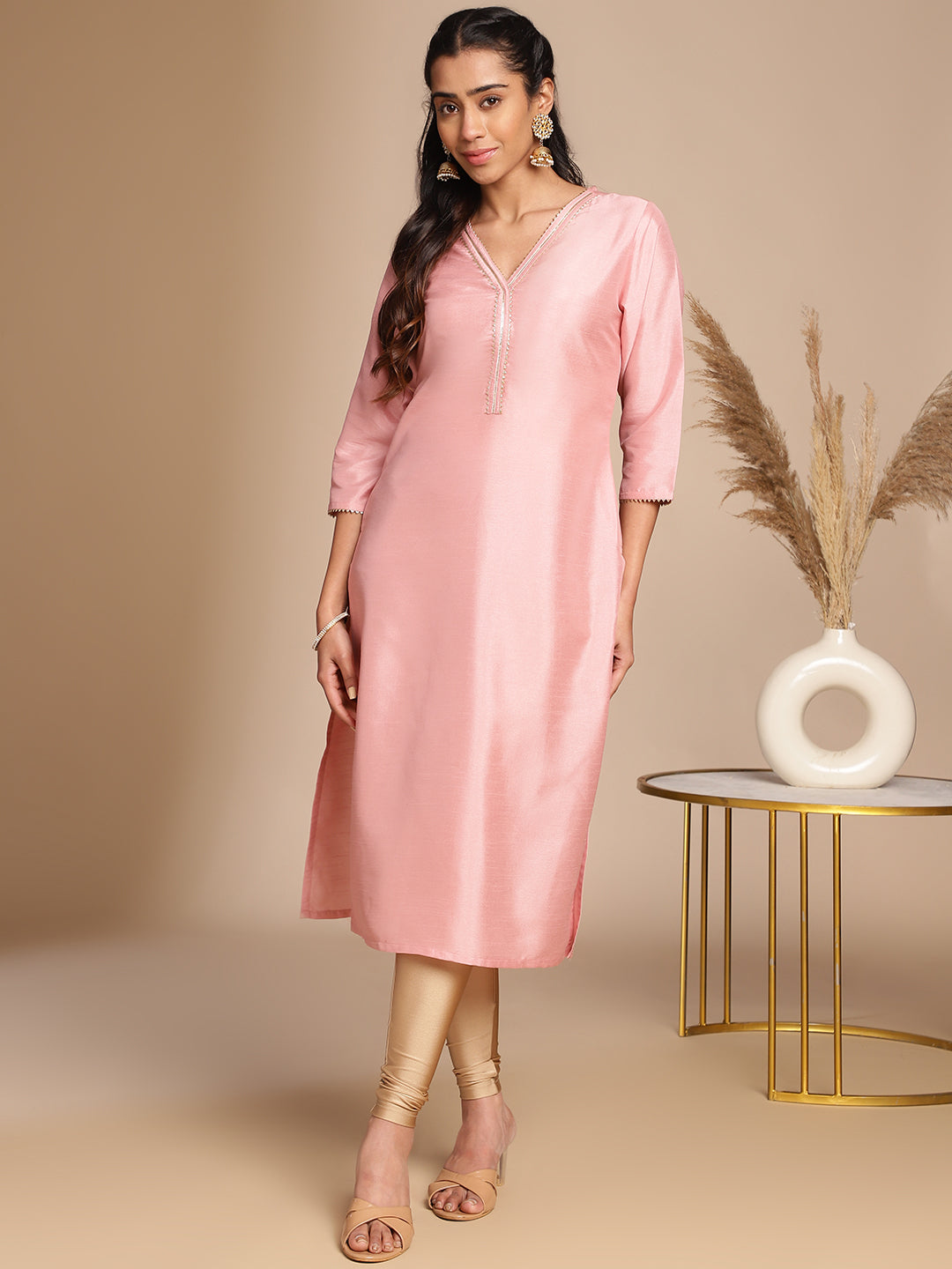 Janasya Pink Crepe Silk Solid Straight Kurta | Swadesiicart
