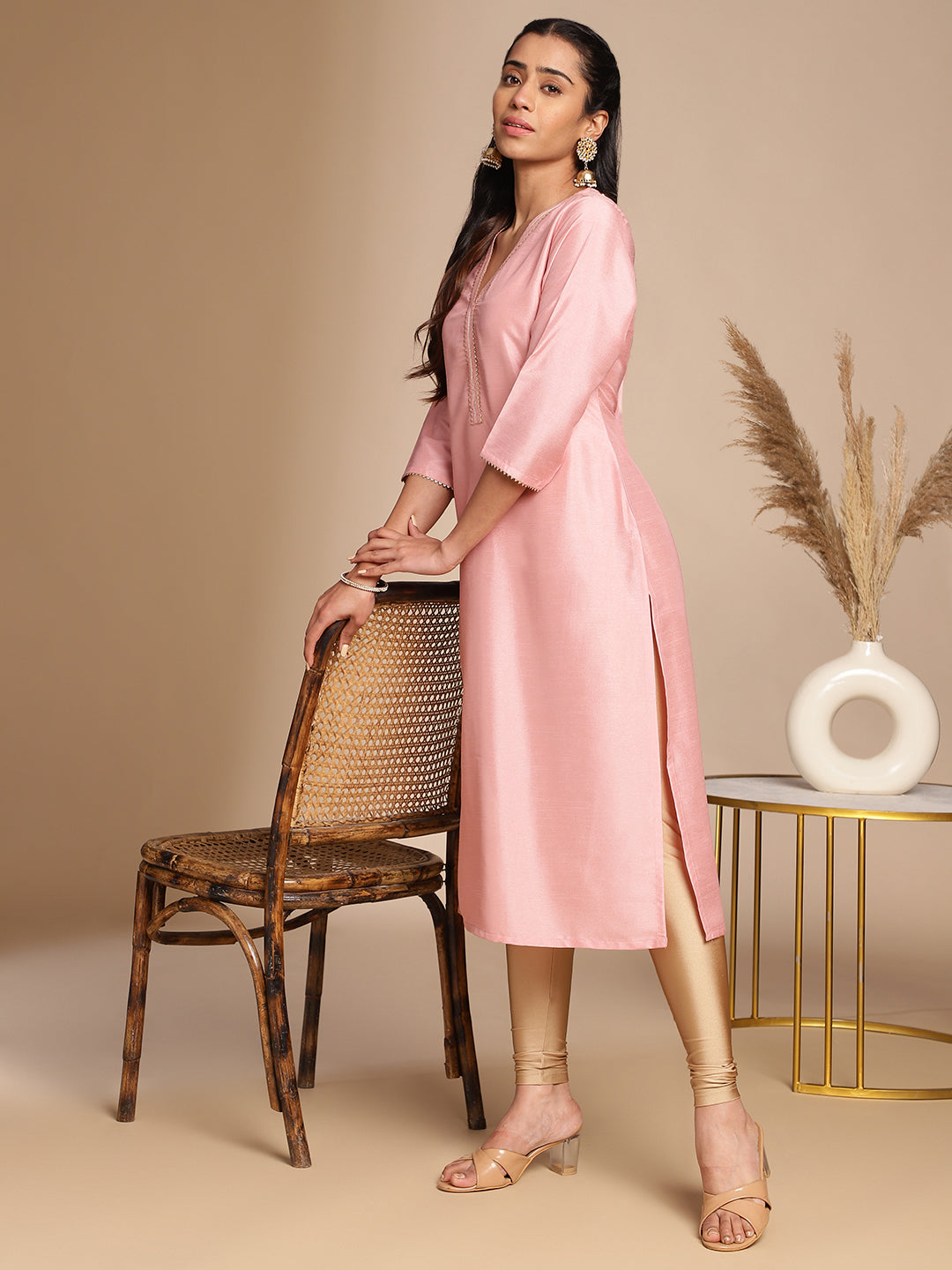 Janasya Pink Crepe Silk Solid Straight Kurta | Swadesiicart