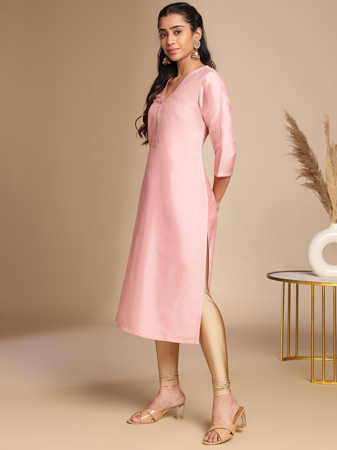 Janasya Pink Crepe Silk Solid Straight Kurta | Swadesiicart