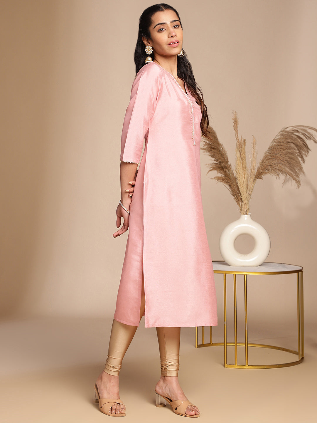 Janasya Pink Crepe Silk Solid Straight Kurta | Swadesiicart