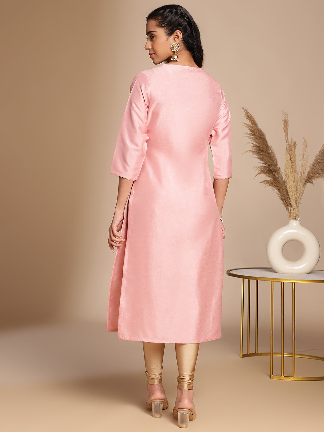 Janasya Pink Crepe Silk Solid Straight Kurta | Swadesiicart