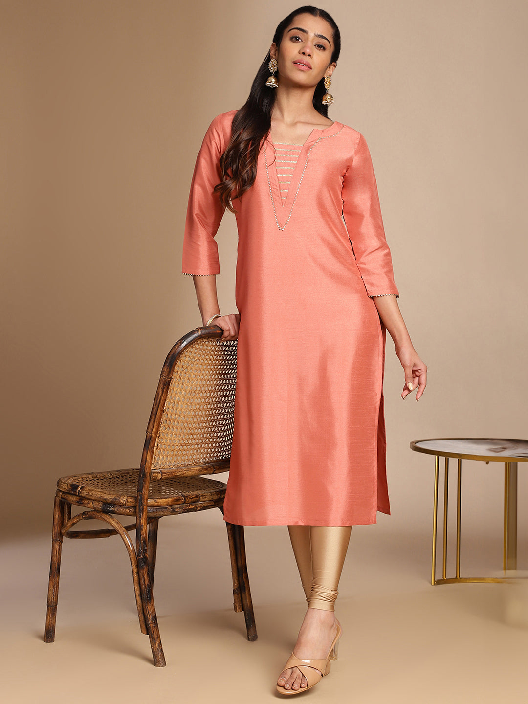 Janasya Peach Crepe Silk Solid Straight Kurta - Swadesiicart