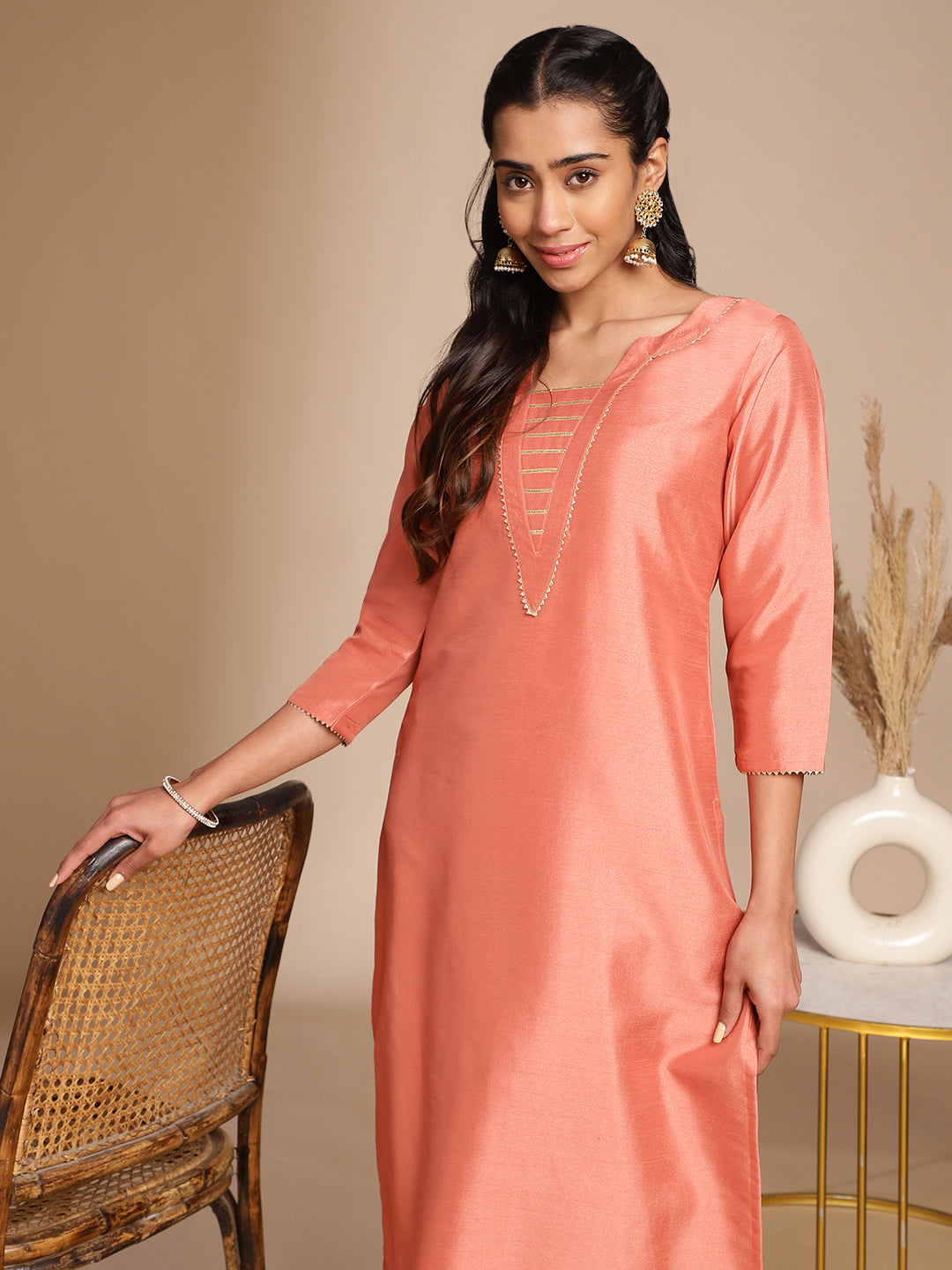 Janasya Peach Crepe Silk Solid Straight Kurta - Swadesiicart
