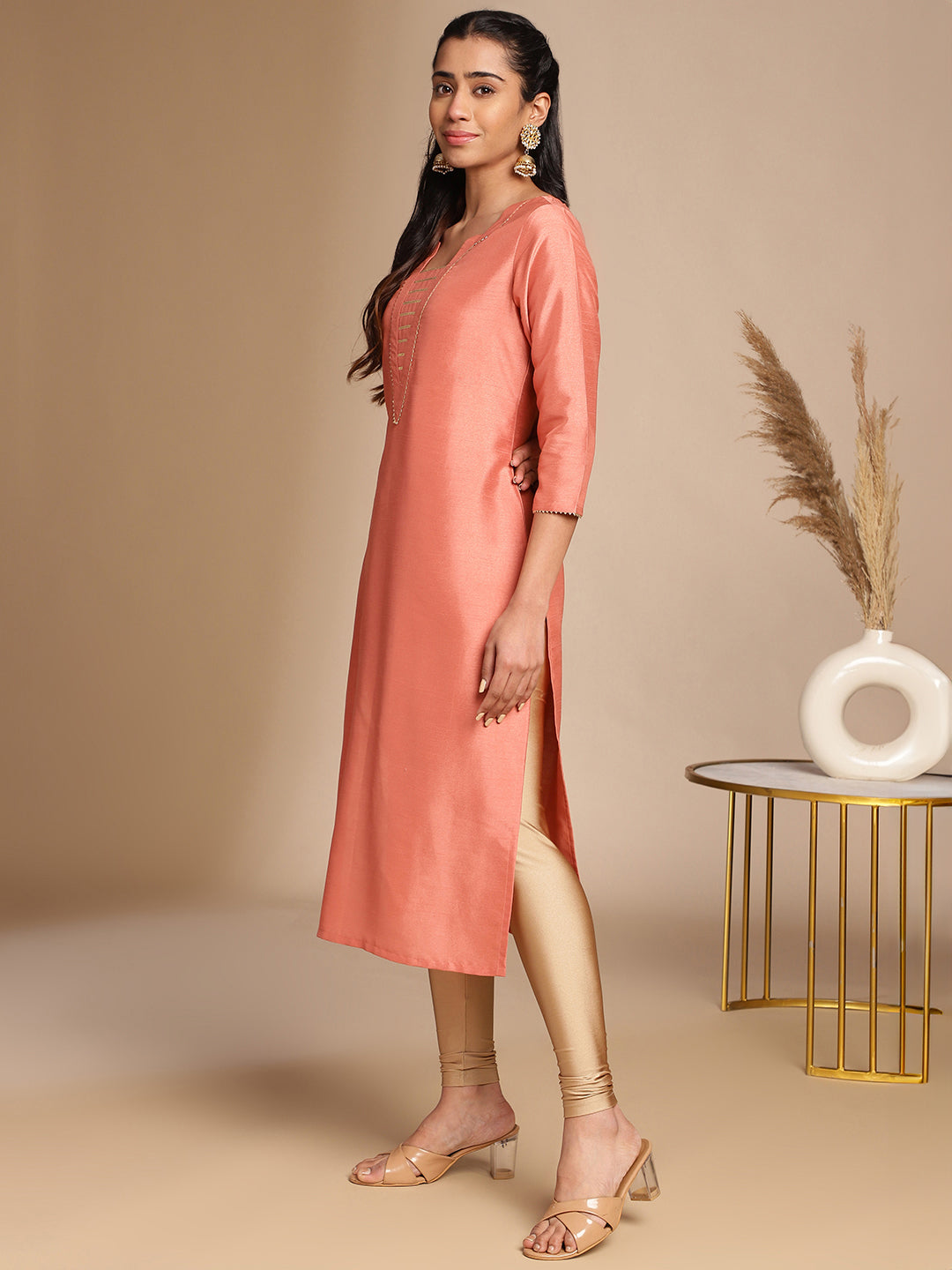Janasya Peach Crepe Silk Solid Straight Kurta - Swadesiicart