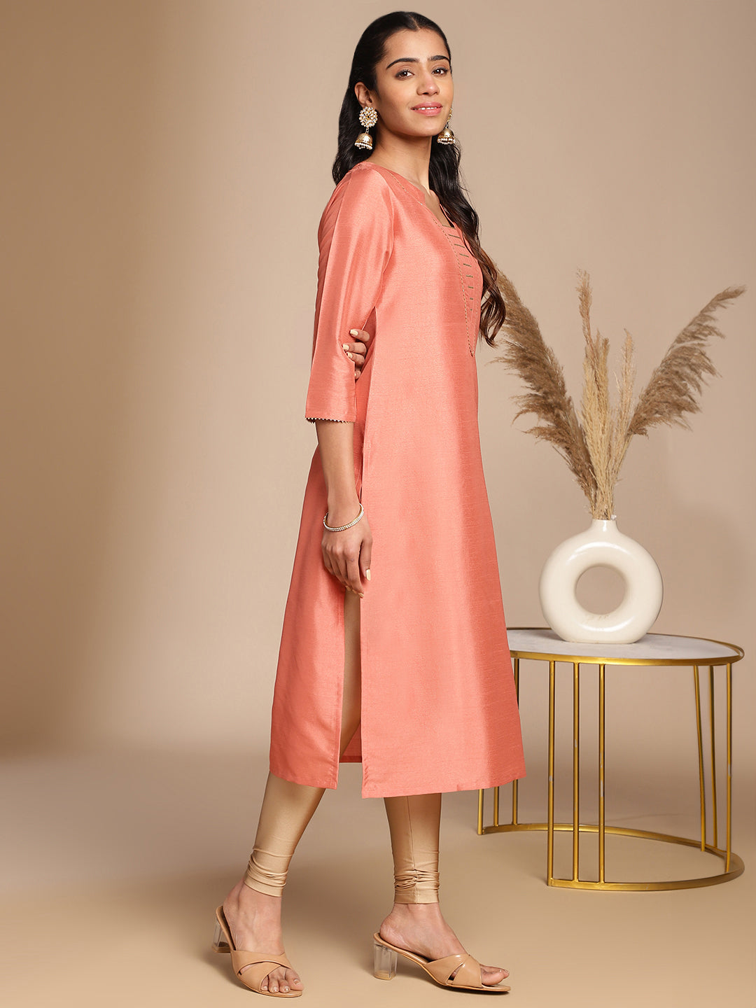 Janasya Peach Crepe Silk Solid Straight Kurta - Swadesiicart