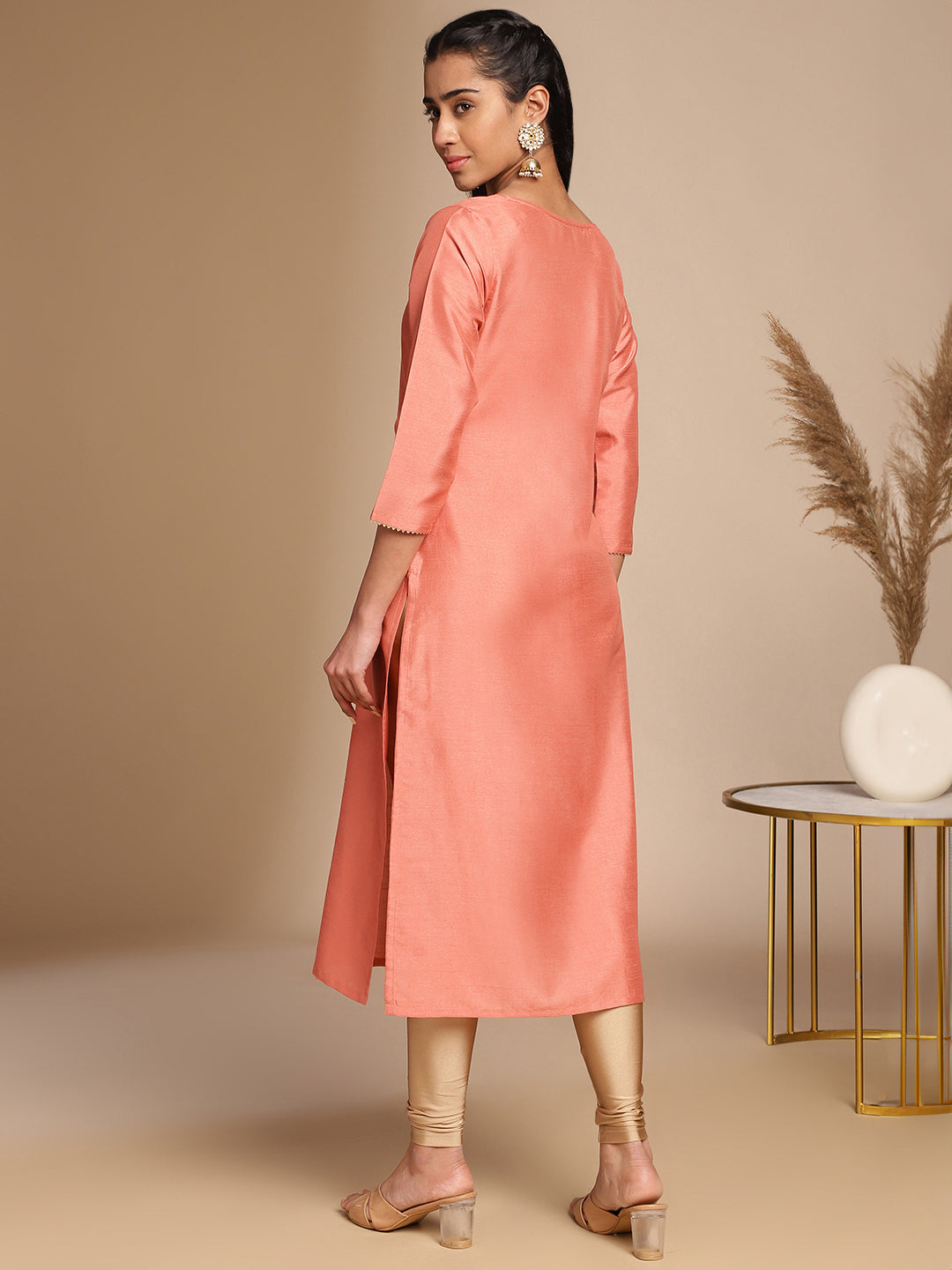 Janasya Peach Crepe Silk Solid Straight Kurta - Swadesiicart