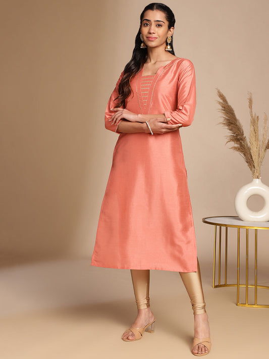 Janasya Peach Crepe Silk Solid Straight Kurta - Swadesiicart