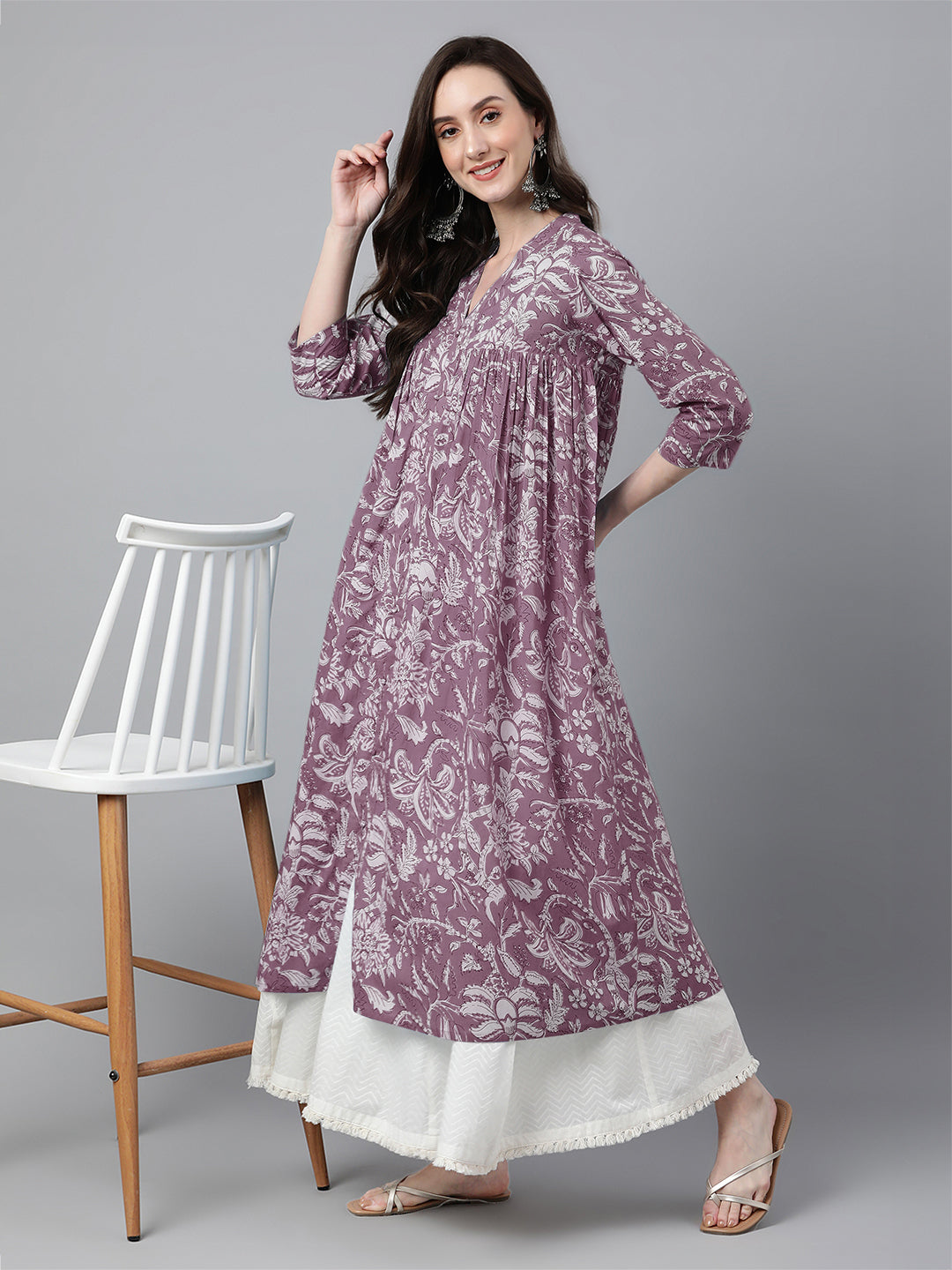 Janasya Light Cotton Floral Flared Kurta - Swadesiicart