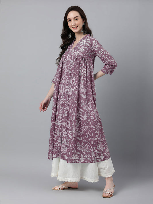 Janasya Light Cotton Floral Flared Kurta - Swadesiicart