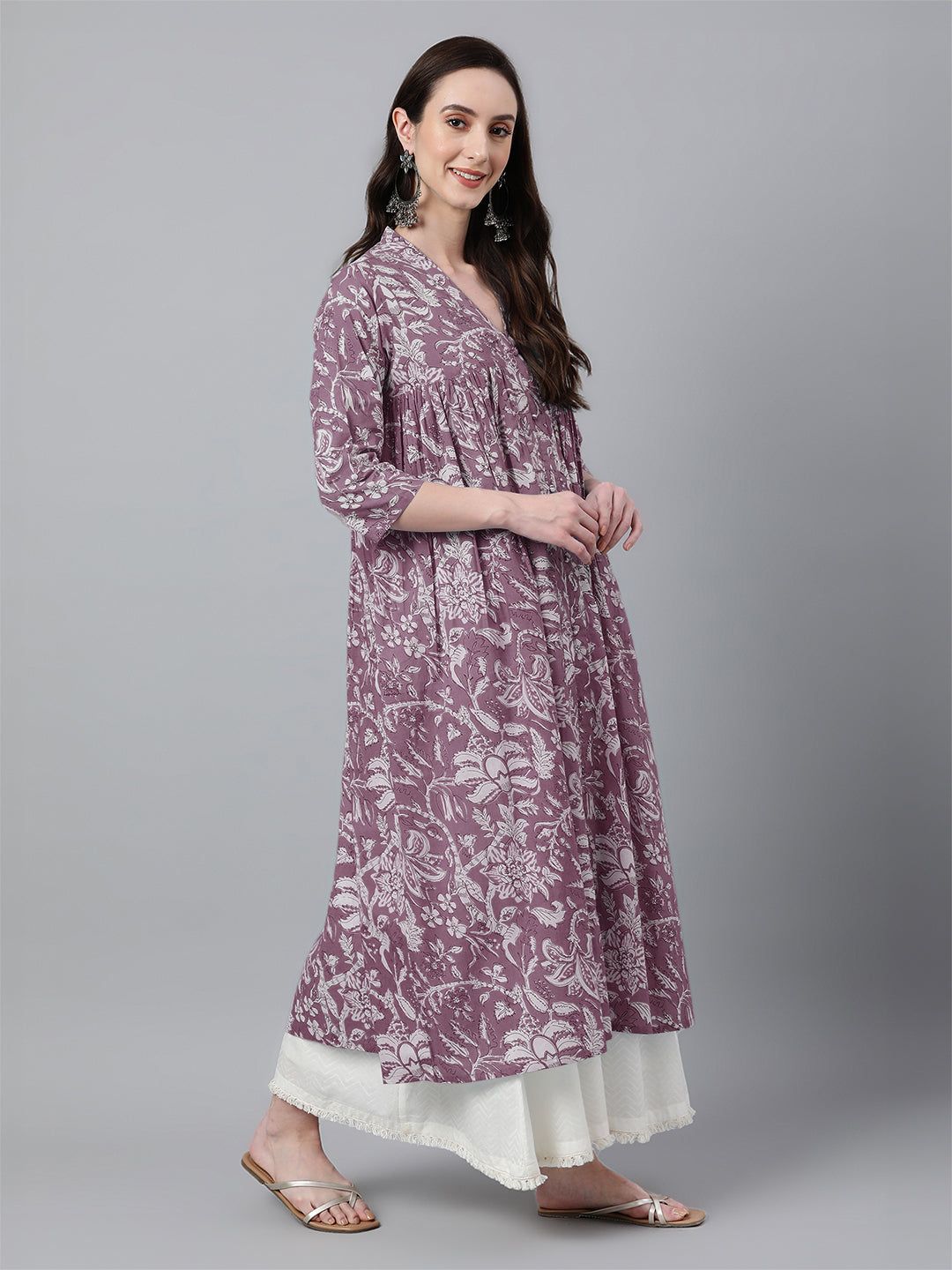 Janasya Light Cotton Floral Flared Kurta - Swadesiicart