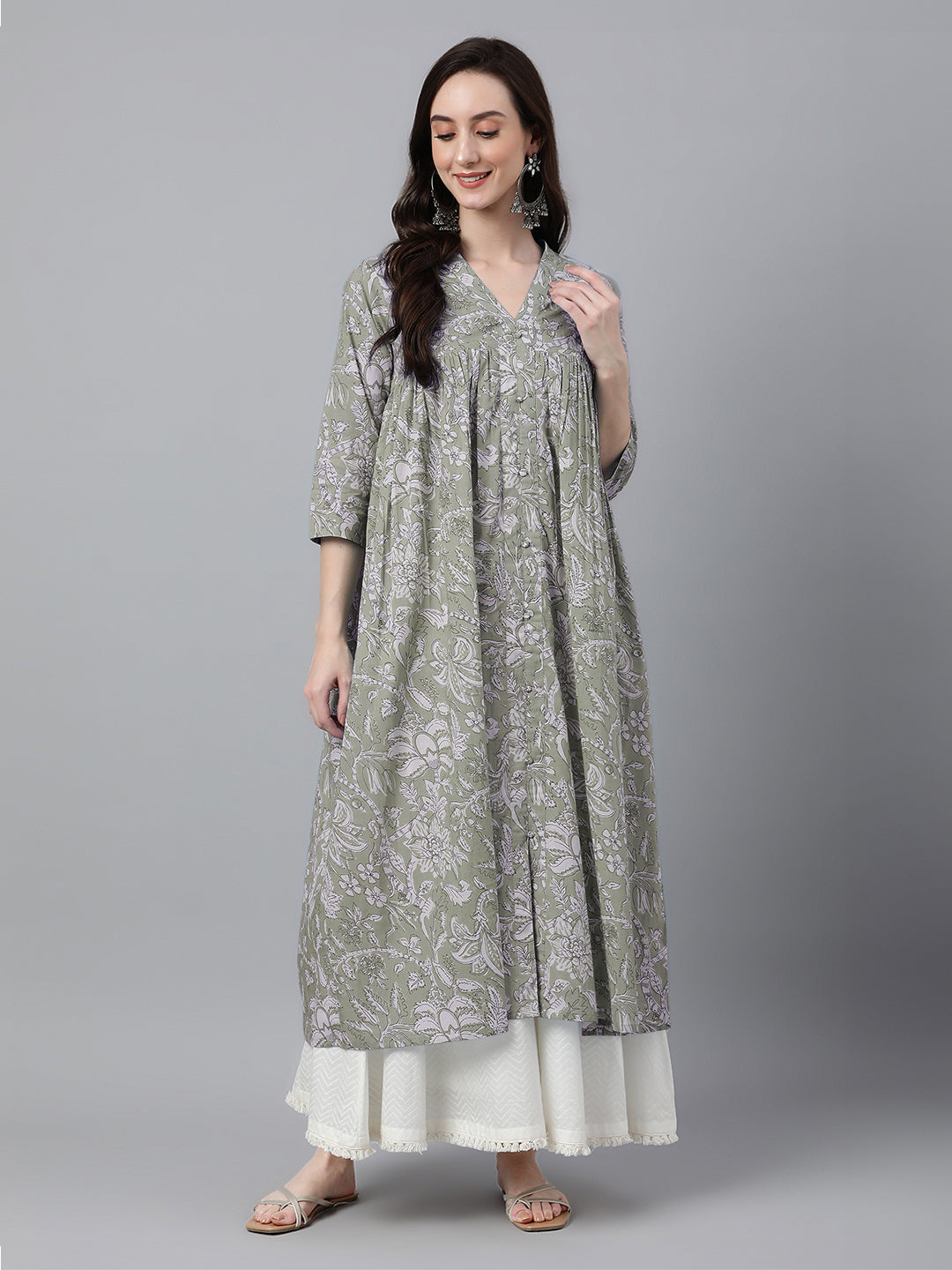 Janasya Light Cotton Floral Flared Kurta - Swadesiicart