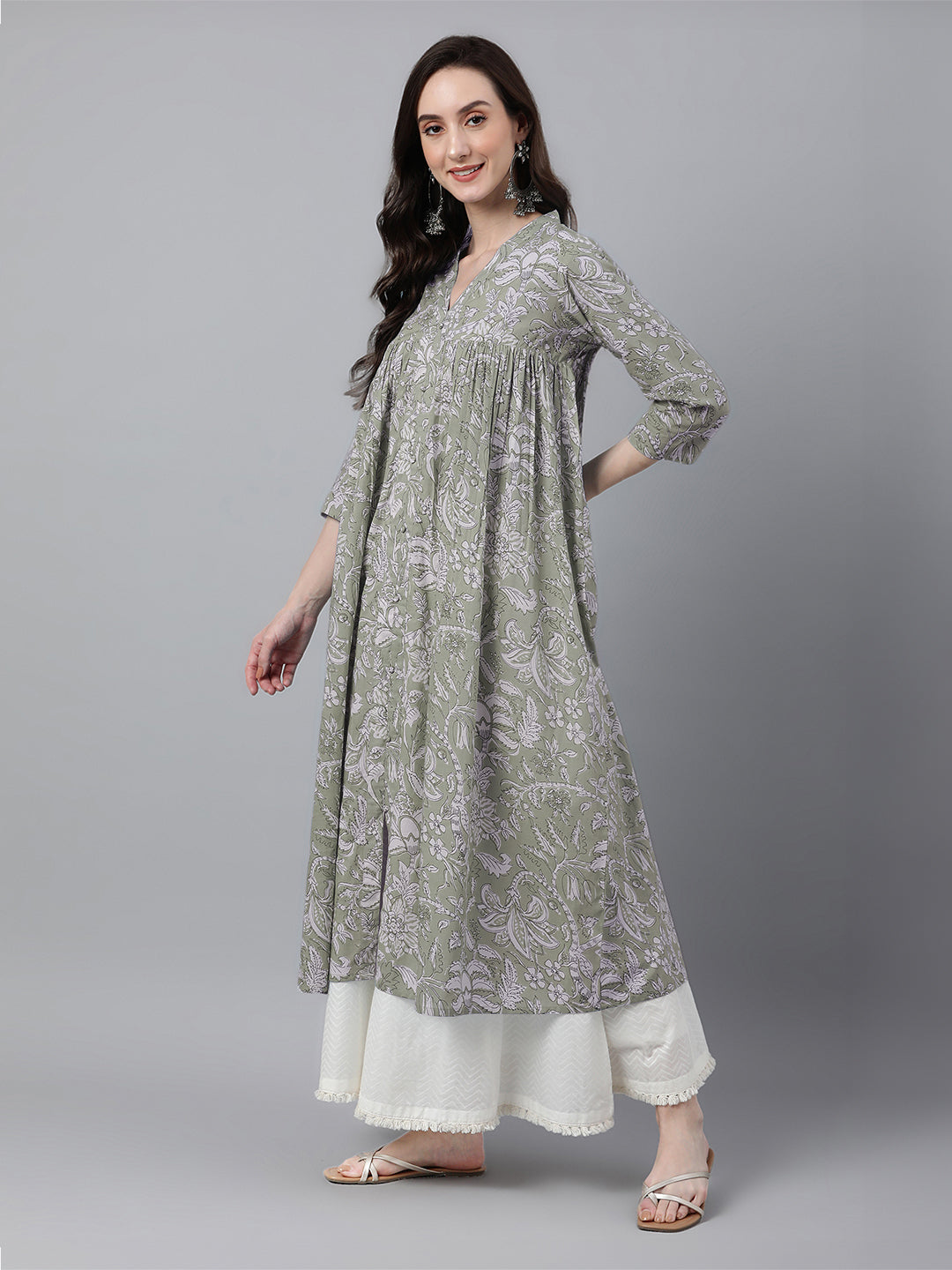 Janasya Light Cotton Floral Flared Kurta - Swadesiicart