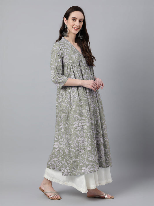 Janasya Light Cotton Floral Flared Kurta - Swadesiicart