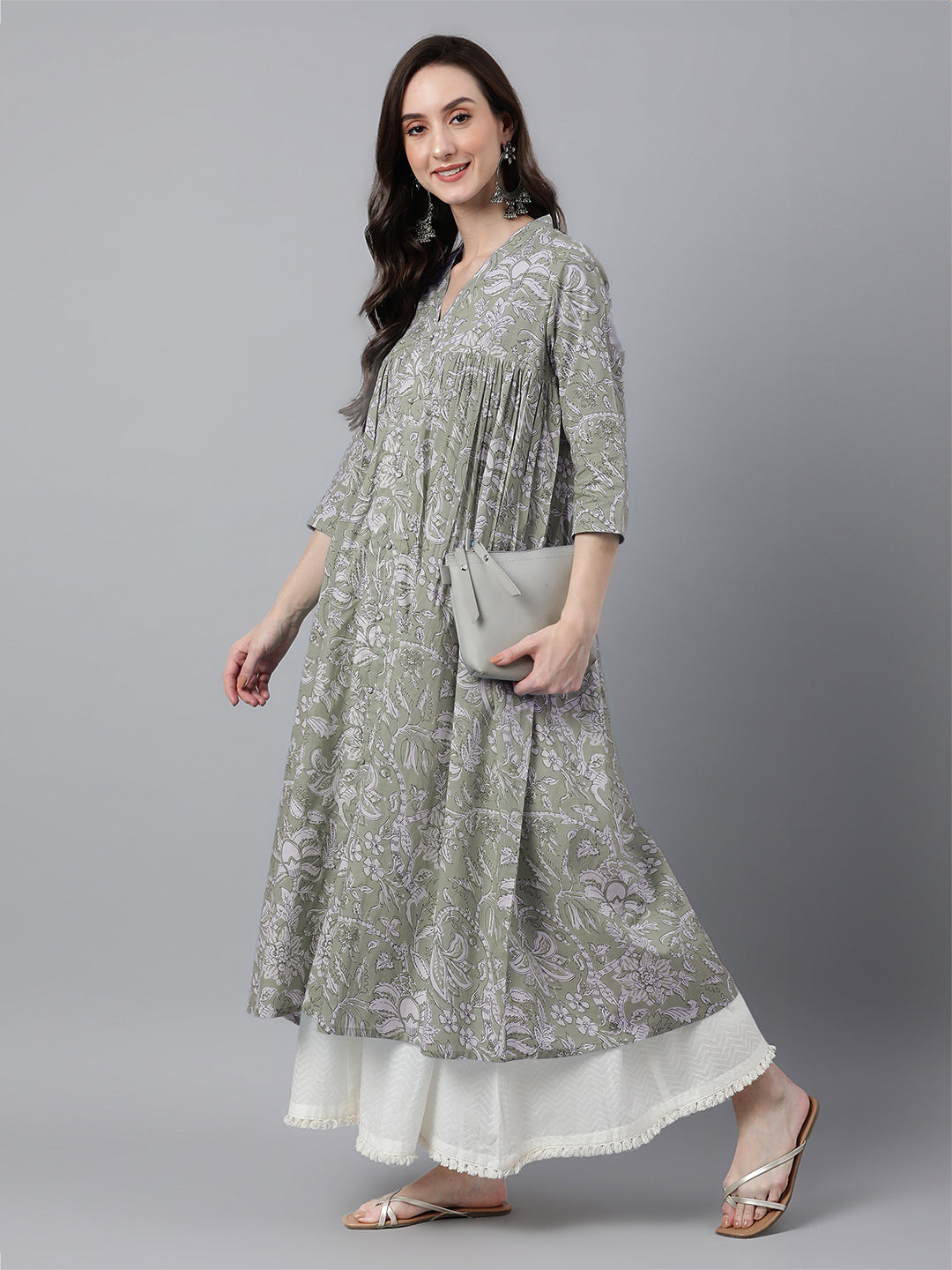 Janasya Light Cotton Floral Flared Kurta - Swadesiicart