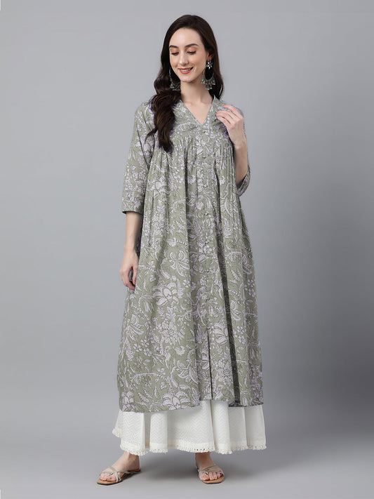 Janasya Light Cotton Floral Flared Kurta - Swadesiicart