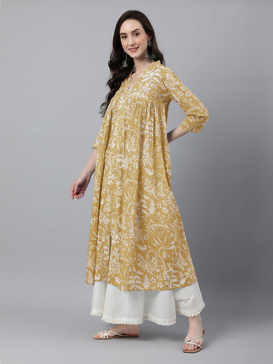 Janasya Light Cotton Floral Flared Kurta - Swadesiicart