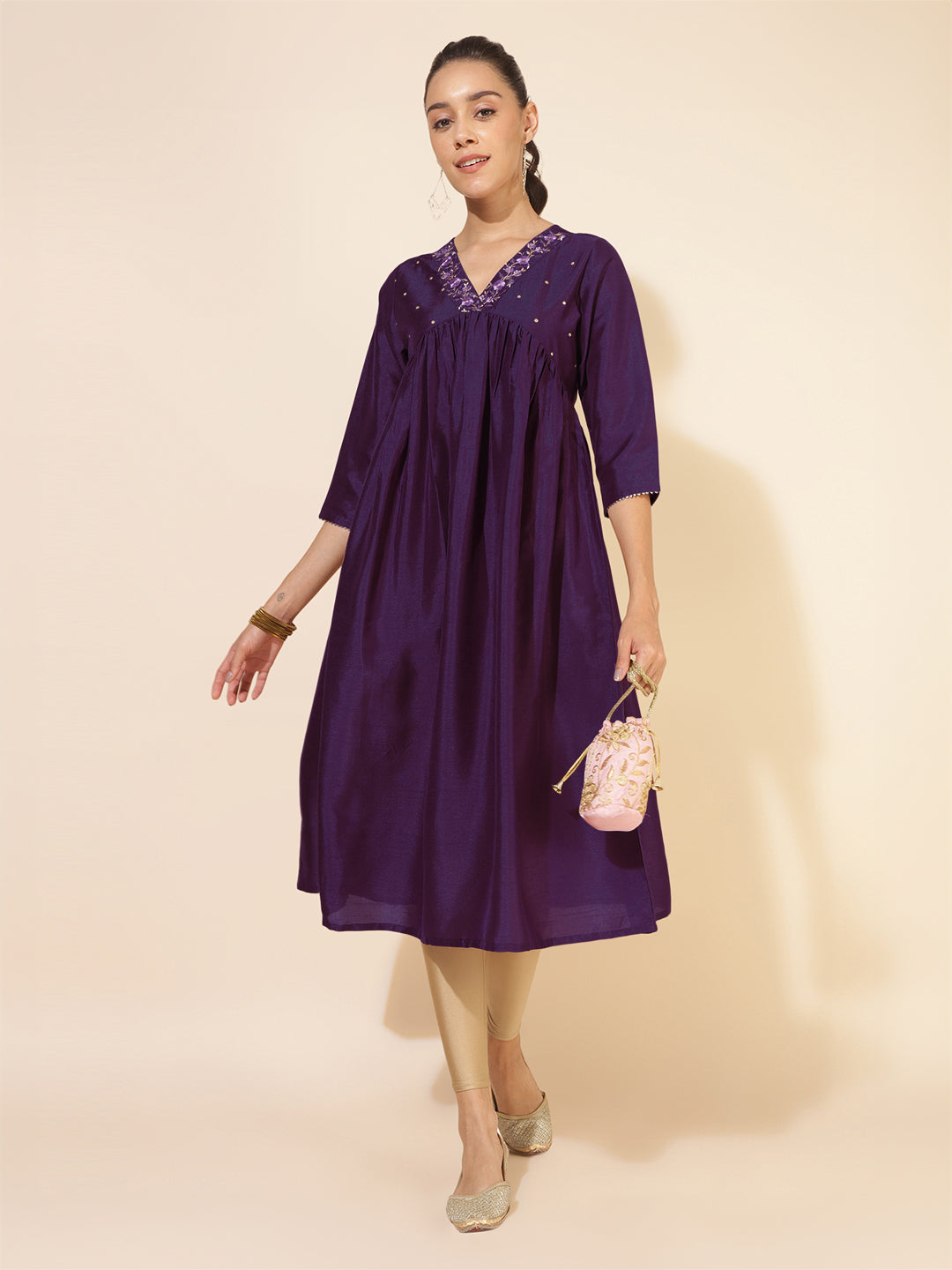 Janasya Dark Silk Blend Yoke Embroidery A-Line Kurta - Swadesiicart