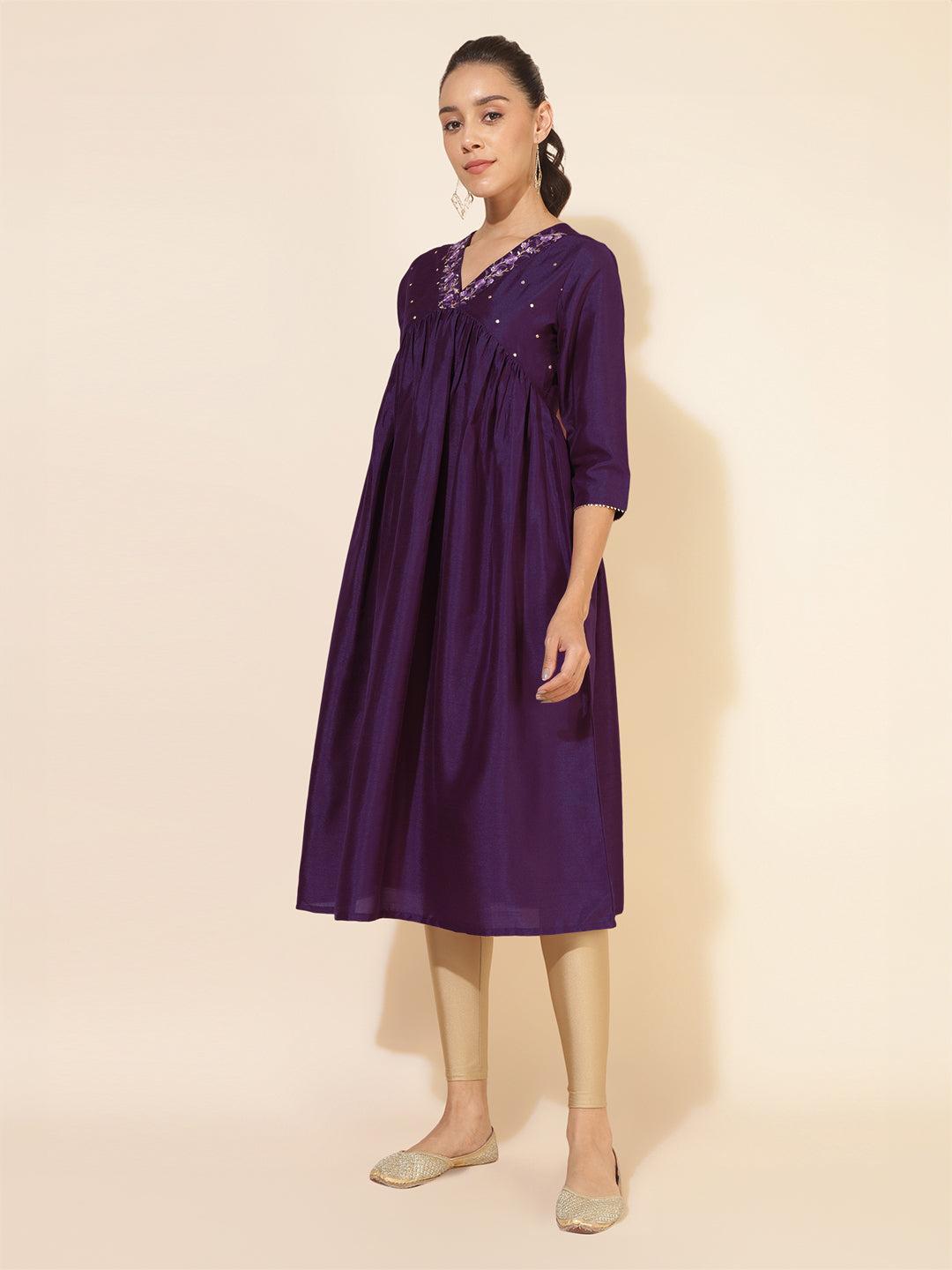 Janasya Dark Silk Blend Yoke Embroidery A-Line Kurta - Swadesiicart