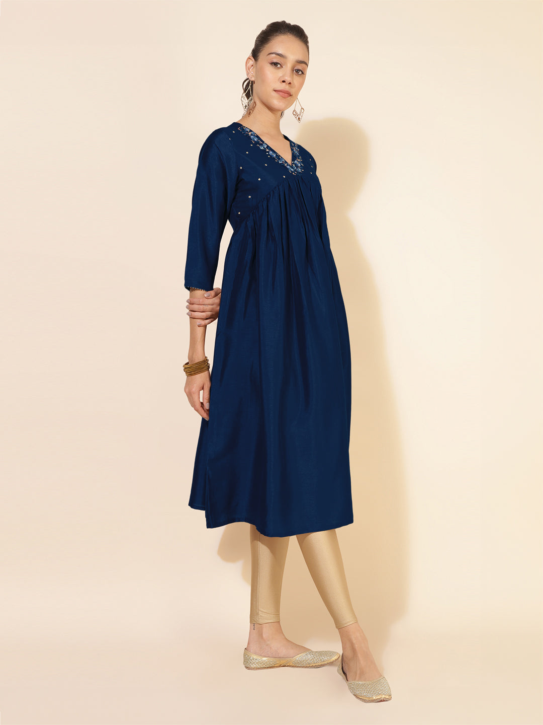 Janasya Dark Silk Blend Yoke Embroidery A-Line Kurta - Swadesiicart
