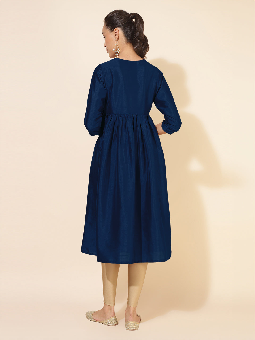 Janasya Dark Silk Blend Yoke Embroidery A-Line Kurta - Swadesiicart
