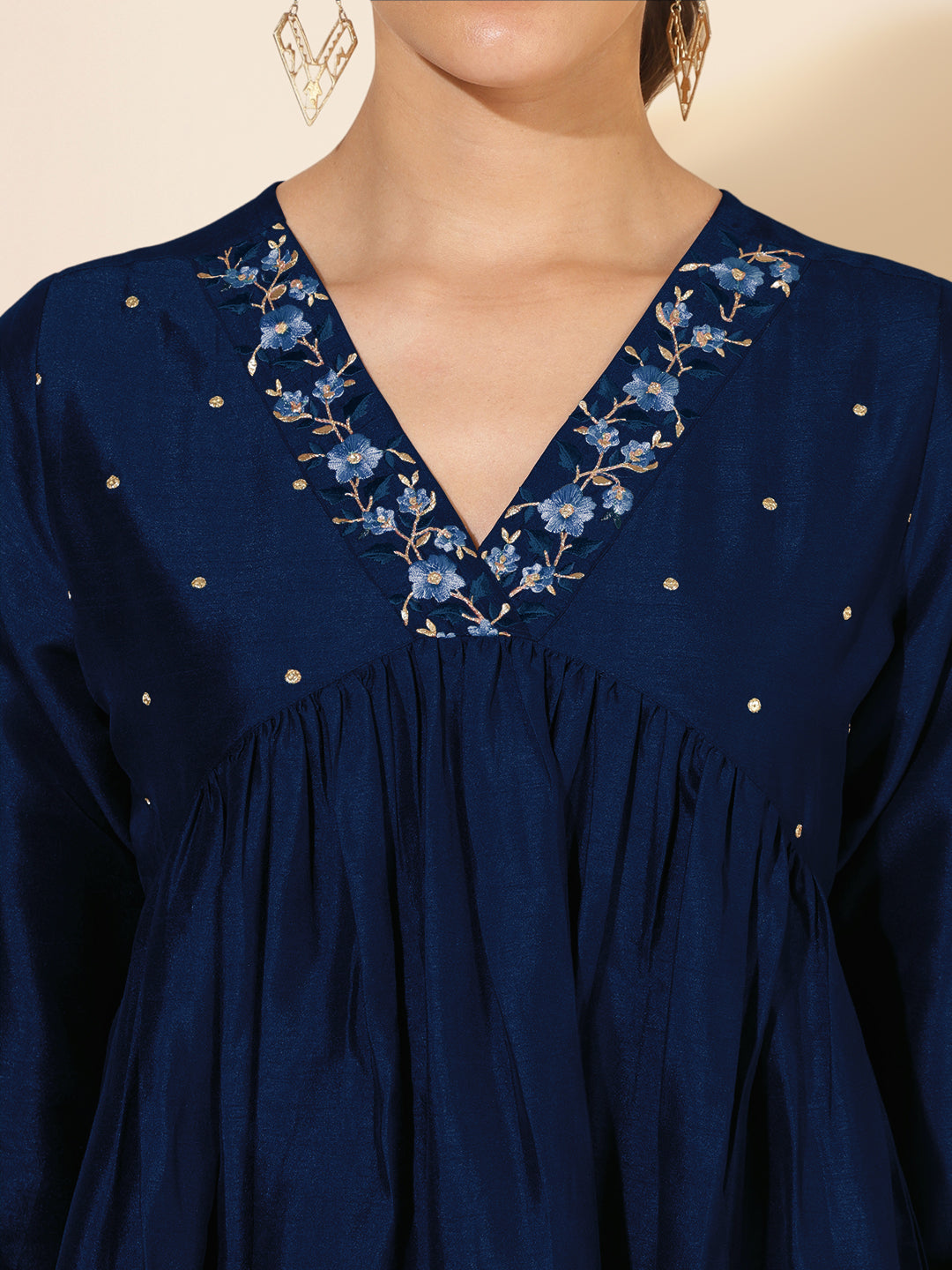 Janasya Dark Silk Blend Yoke Embroidery A-Line Kurta - Swadesiicart