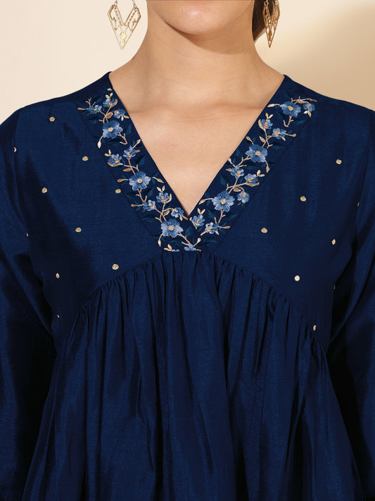 Janasya Dark Silk Blend Yoke Embroidery A-Line Kurta - Swadesiicart