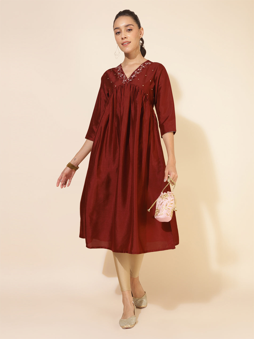 Janasya Dark Silk Blend Yoke Embroidery A-Line Kurta - Swadesiicart