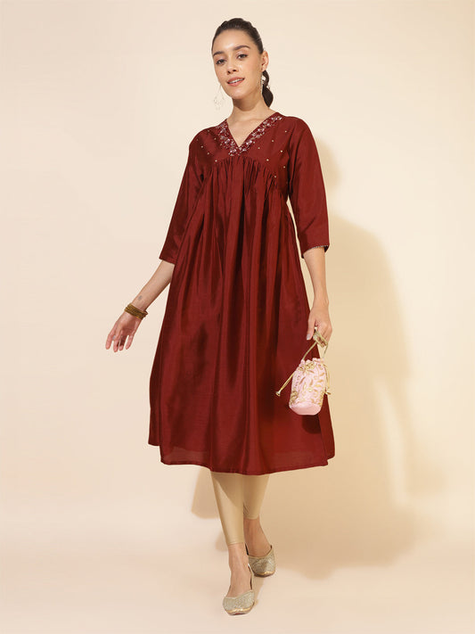 Janasya Dark Silk Blend Yoke Embroidery A-Line Kurta - Swadesiicart