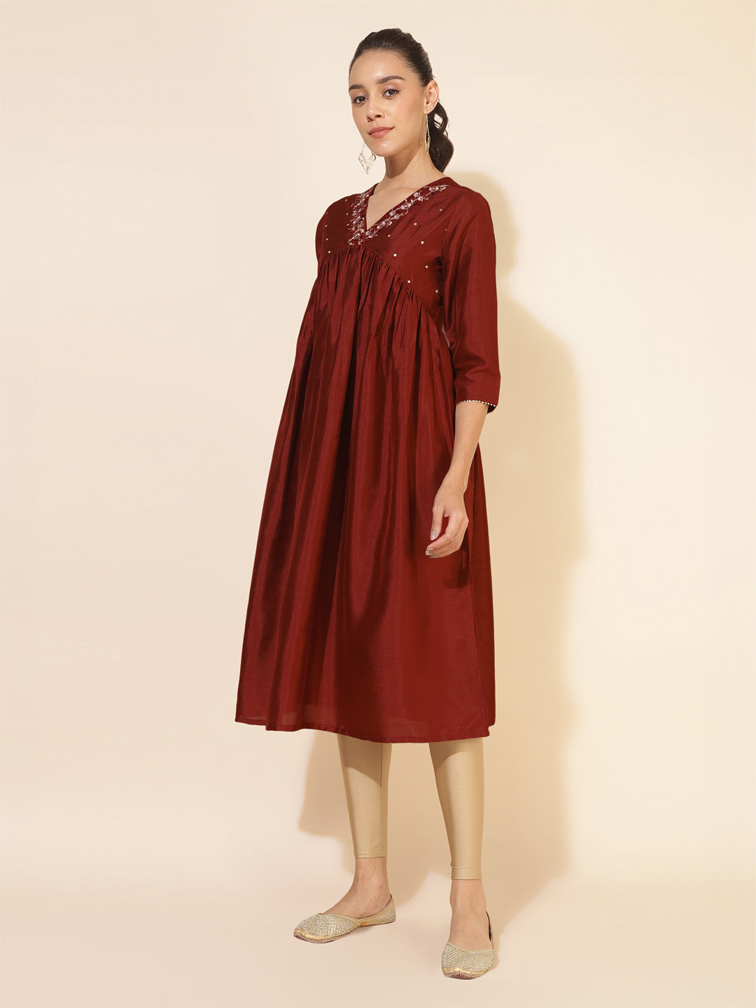 Janasya Dark Silk Blend Yoke Embroidery A-Line Kurta - Swadesiicart