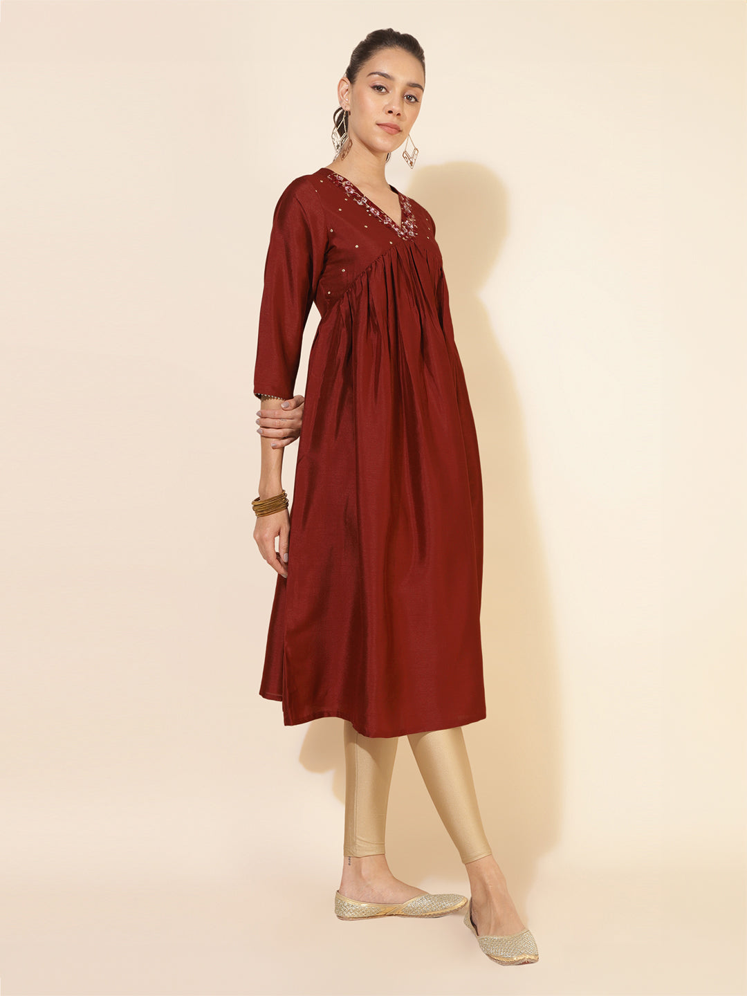 Janasya Dark Silk Blend Yoke Embroidery A-Line Kurta - Swadesiicart