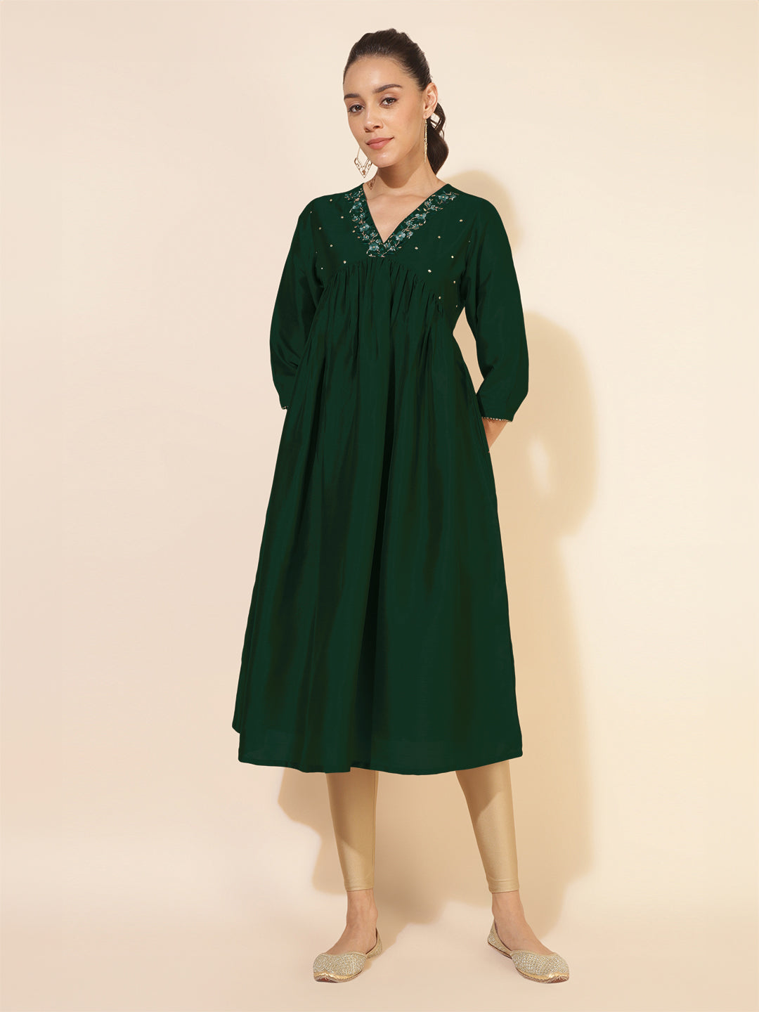 Janasya Dark Silk Blend Embroidered A-Line Kurta - Swadesiicart