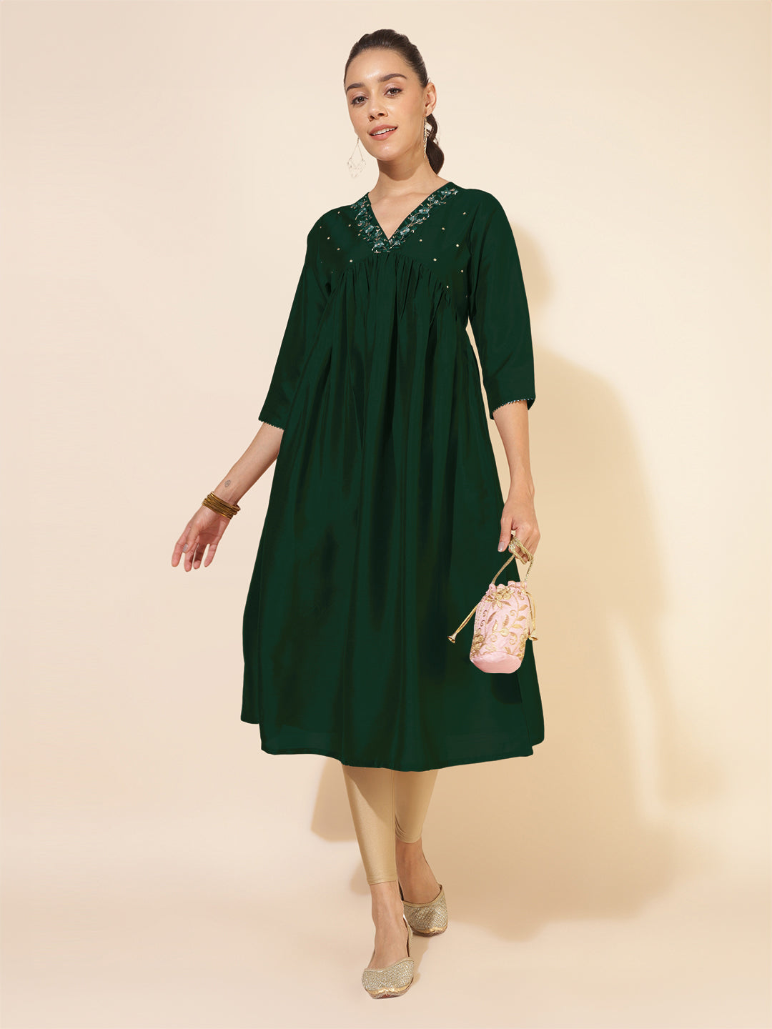 Janasya Dark Silk Blend Embroidered A-Line Kurta - Swadesiicart