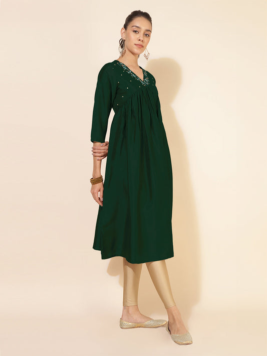 Janasya Dark Silk Blend Embroidered A-Line Kurta - Swadesiicart