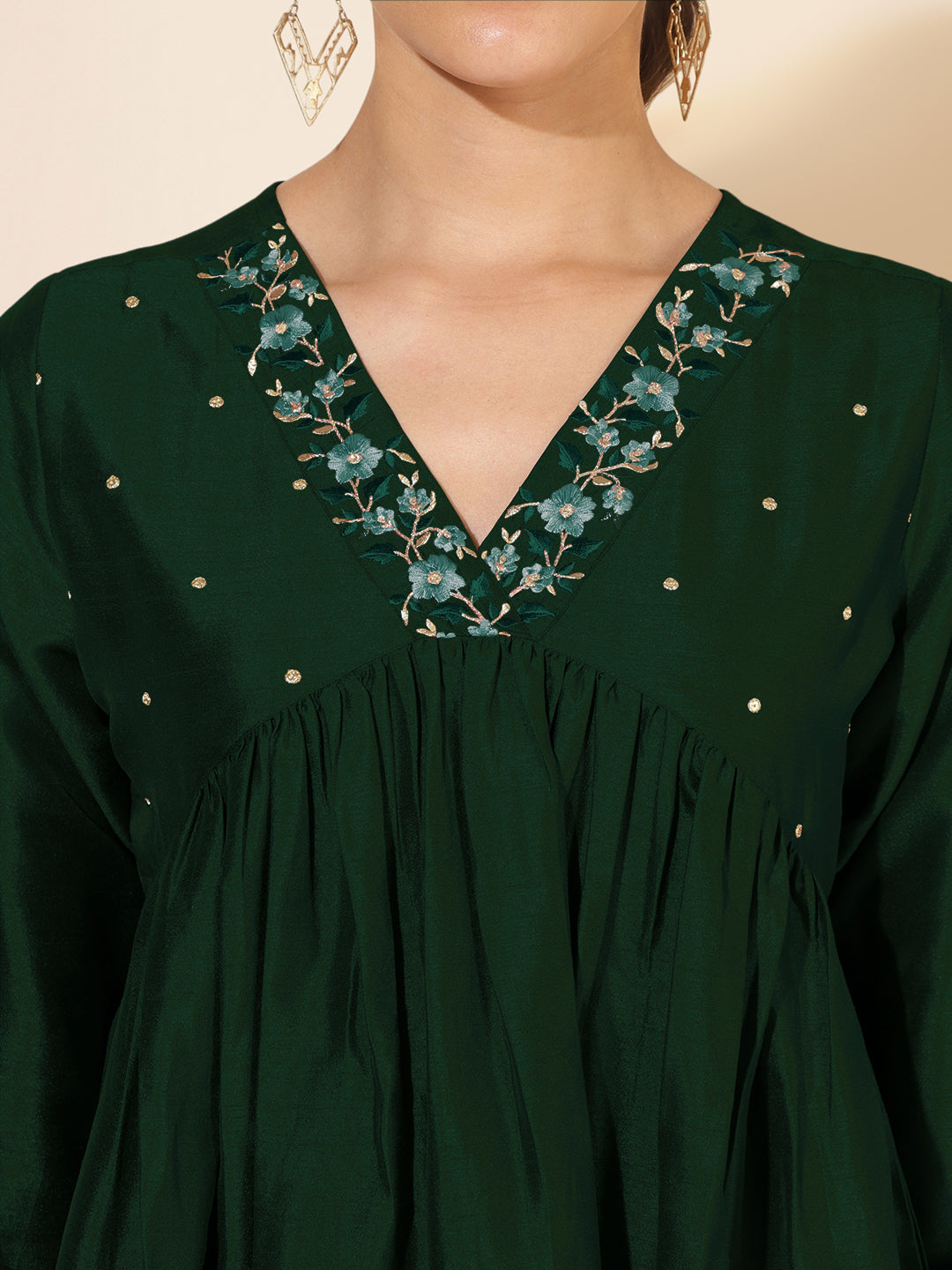 Janasya Dark Silk Blend Embroidered A-Line Kurta - Swadesiicart
