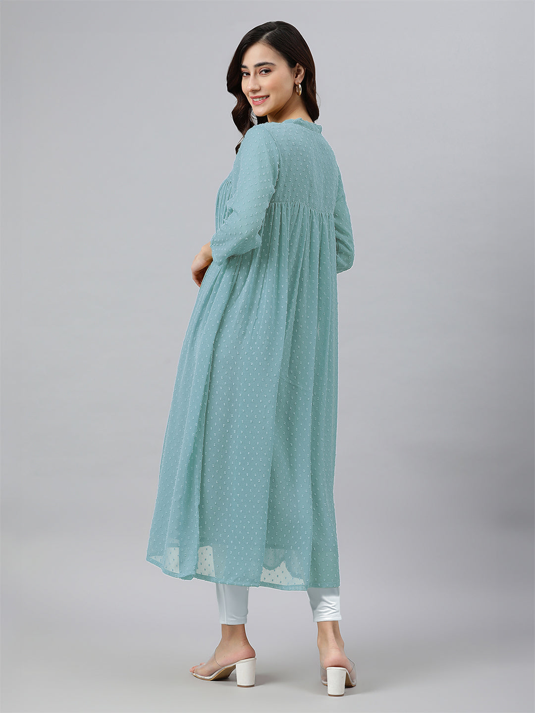 Janasya Light Dobby Chiffon Self Design Flared Kurta | Swadesiicart