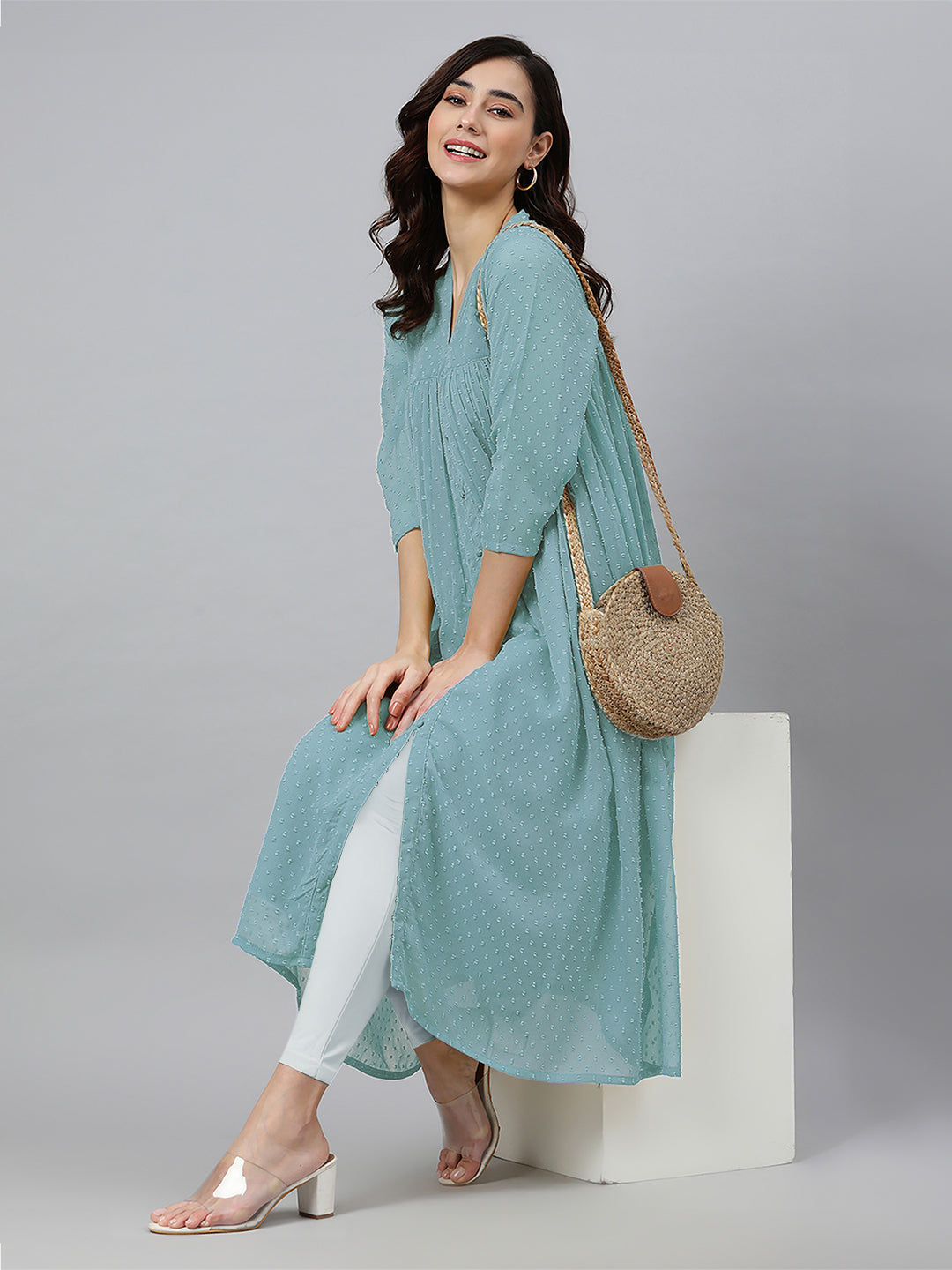 Janasya Light Dobby Chiffon Self Design Flared Kurta | Swadesiicart