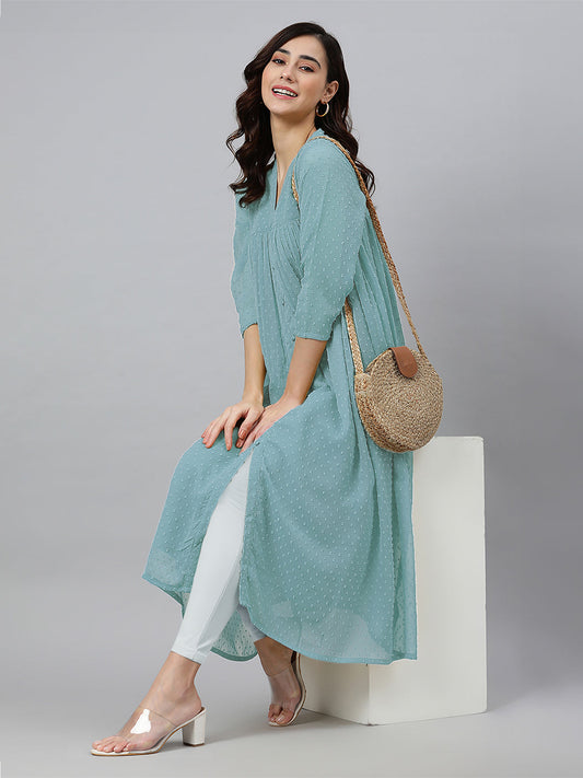 Janasya Light Dobby Chiffon Self Design Flared Kurta | Swadesiicart