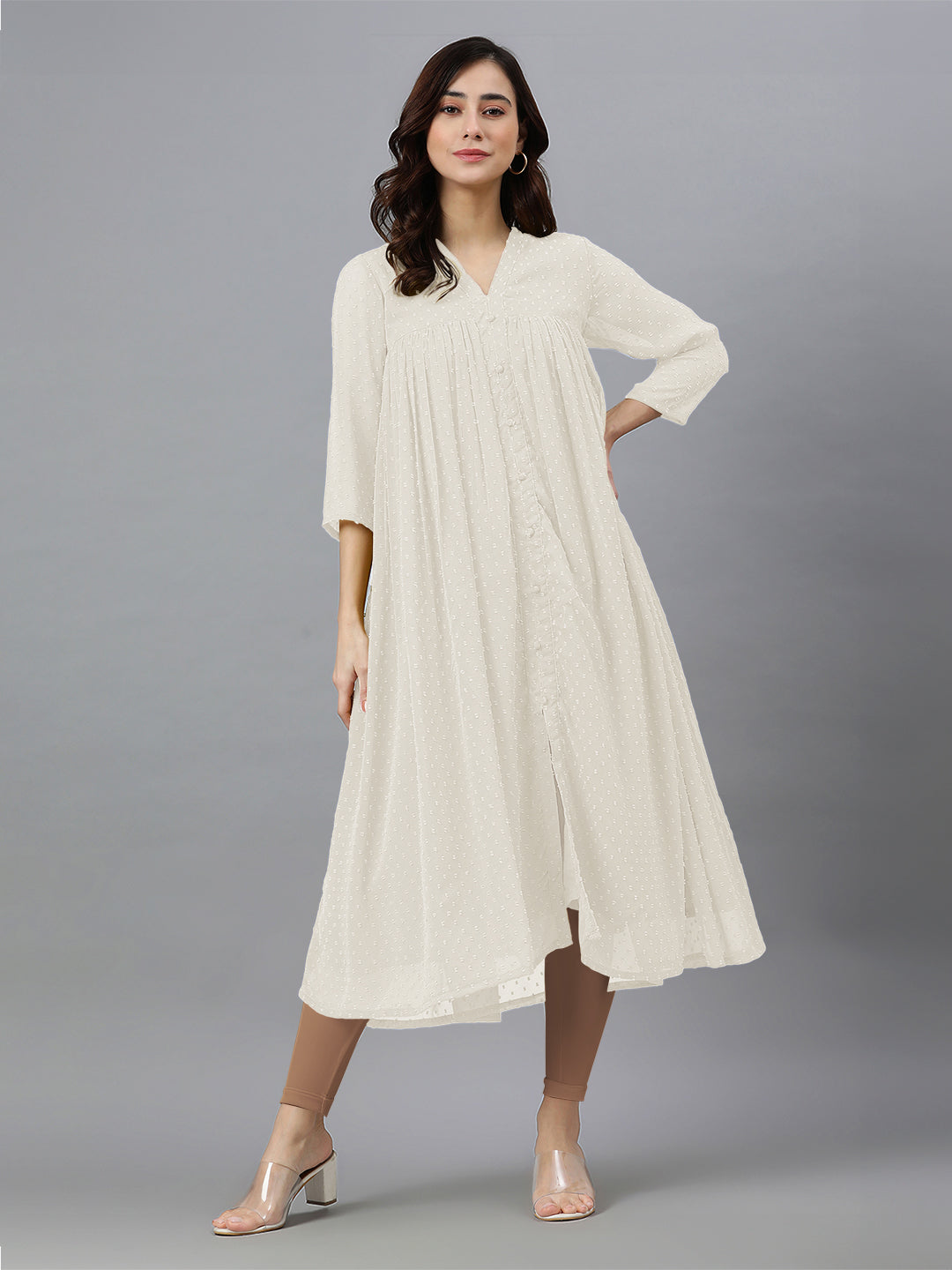 Janasya Light Dobby Chiffon Self Design Flared Kurta | Swadesiicart