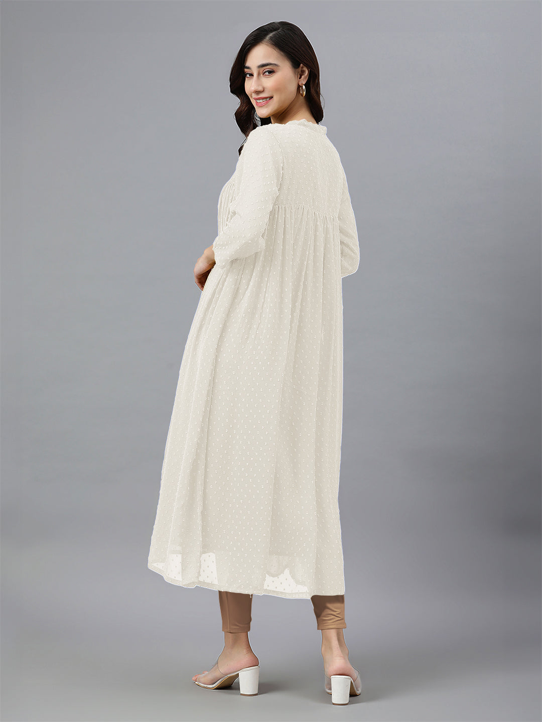 Janasya Light Dobby Chiffon Self Design Flared Kurta | Swadesiicart