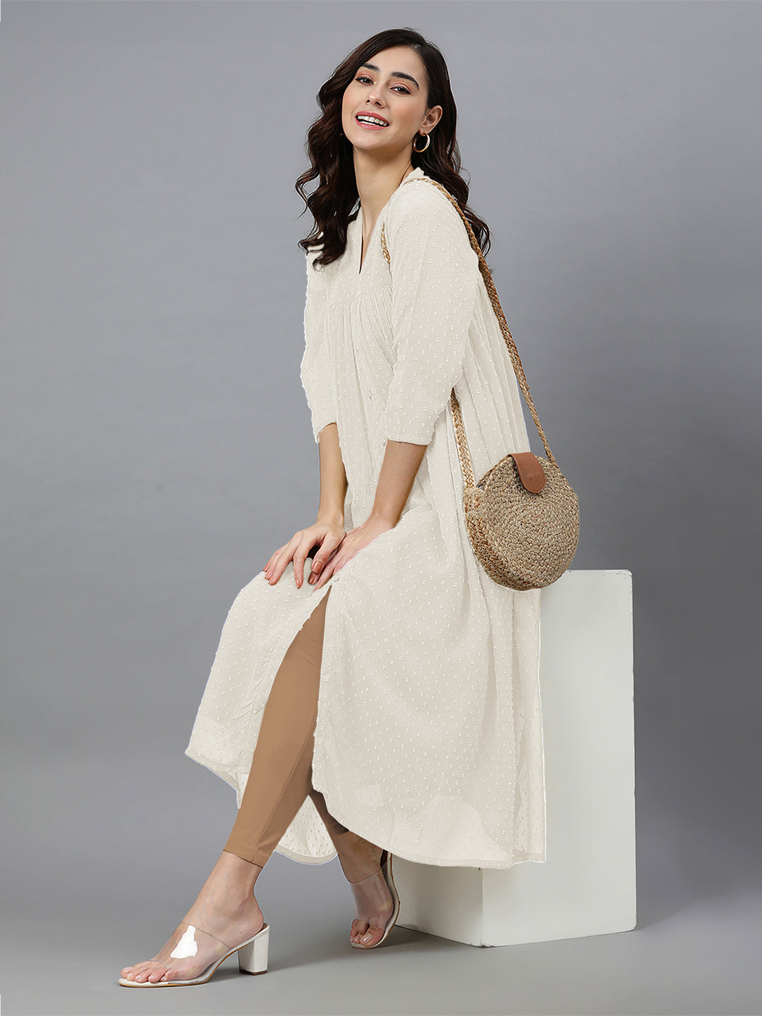 Janasya Light Dobby Chiffon Self Design Flared Kurta | Swadesiicart